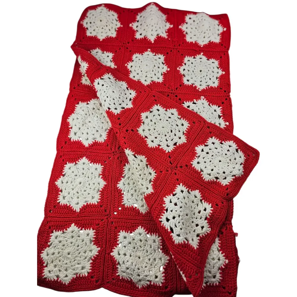 Handmade Crocheted Red and White Afghan 46